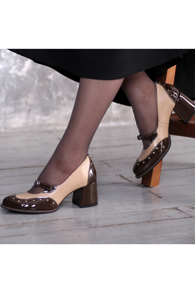 Buy English style brown beige leather shoes, handmade heel stylish women shoes
